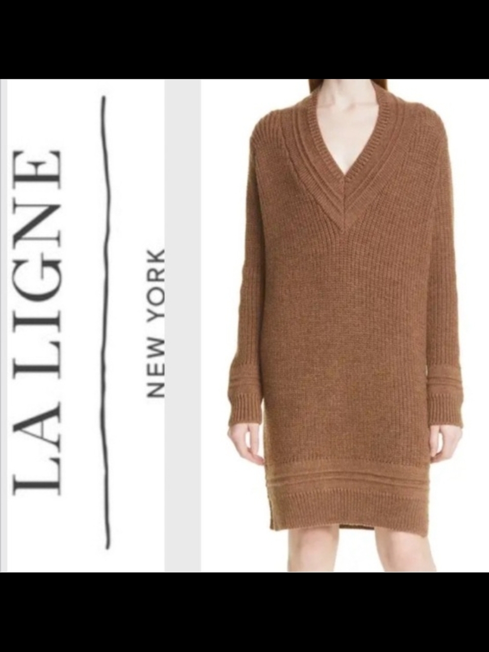 La Ligne Brown V-Neck Ribbed Sweater Dress